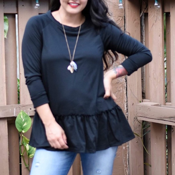 3/4 Sleeve Black Peplum Sweatshirt - Picture 2 of 3
